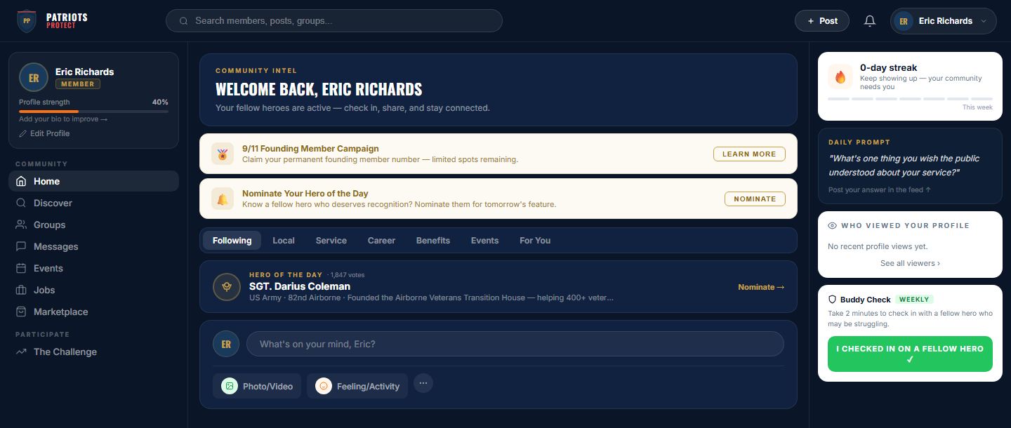 Patriots Protect community feed — member Eric Richards logged in