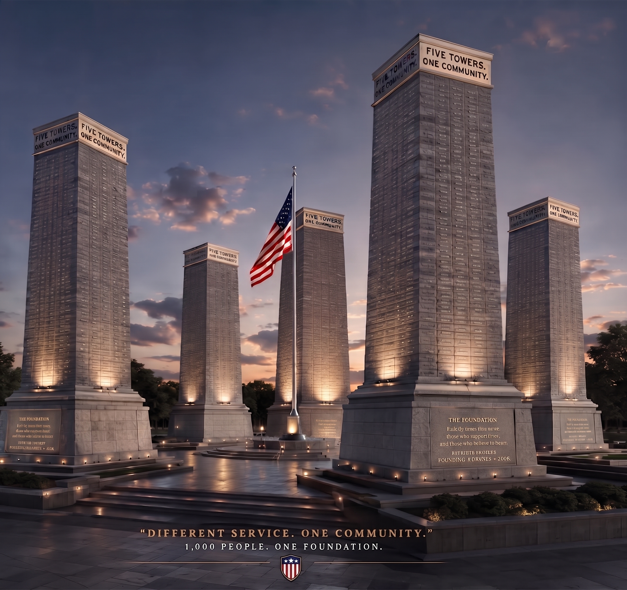 The Five Towers — five stone monuments surrounding the American flag