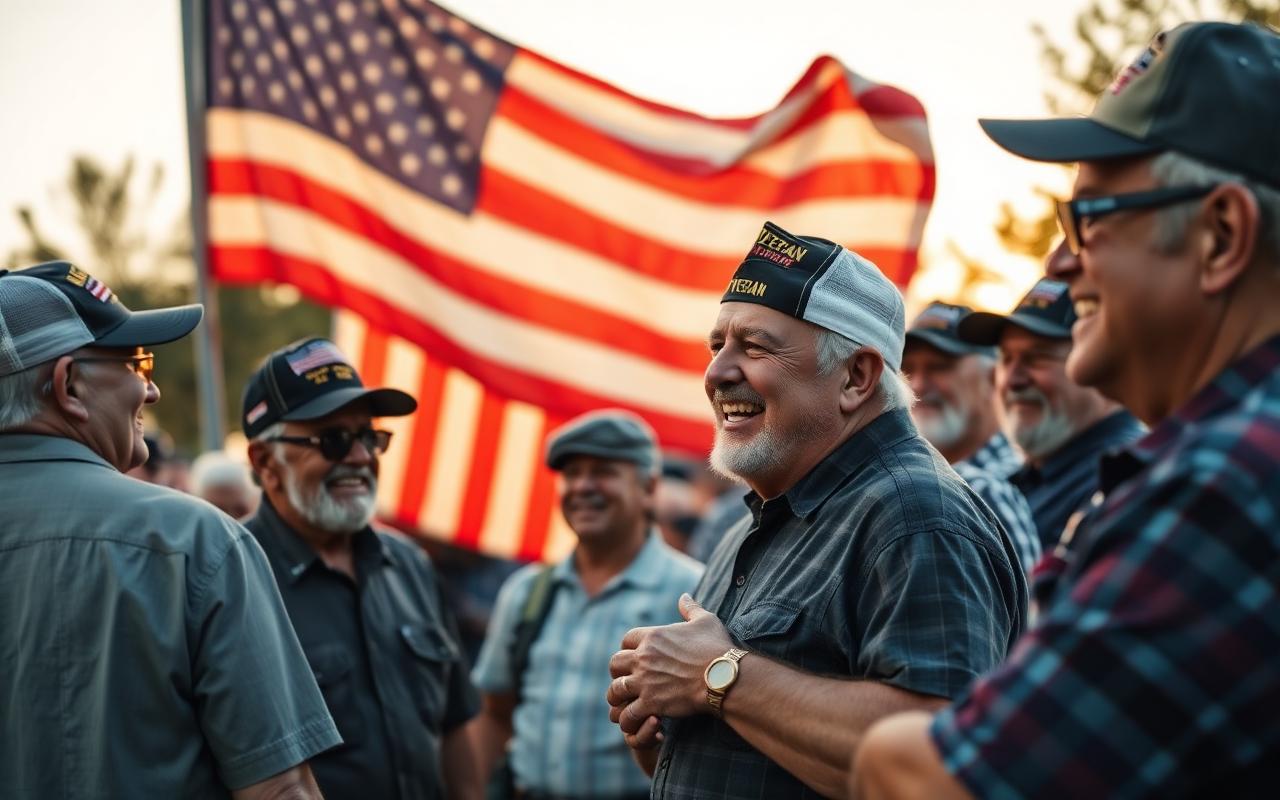 Group of American veterans gathered under the flag at a patriotic community event