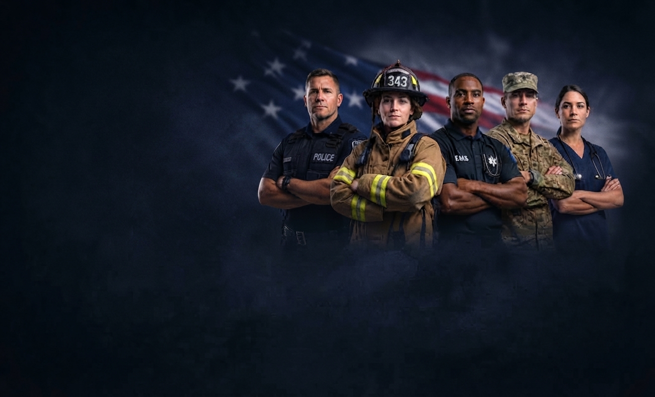 First responders — police, firefighter, EMS, military, and medical — standing together against an American flag